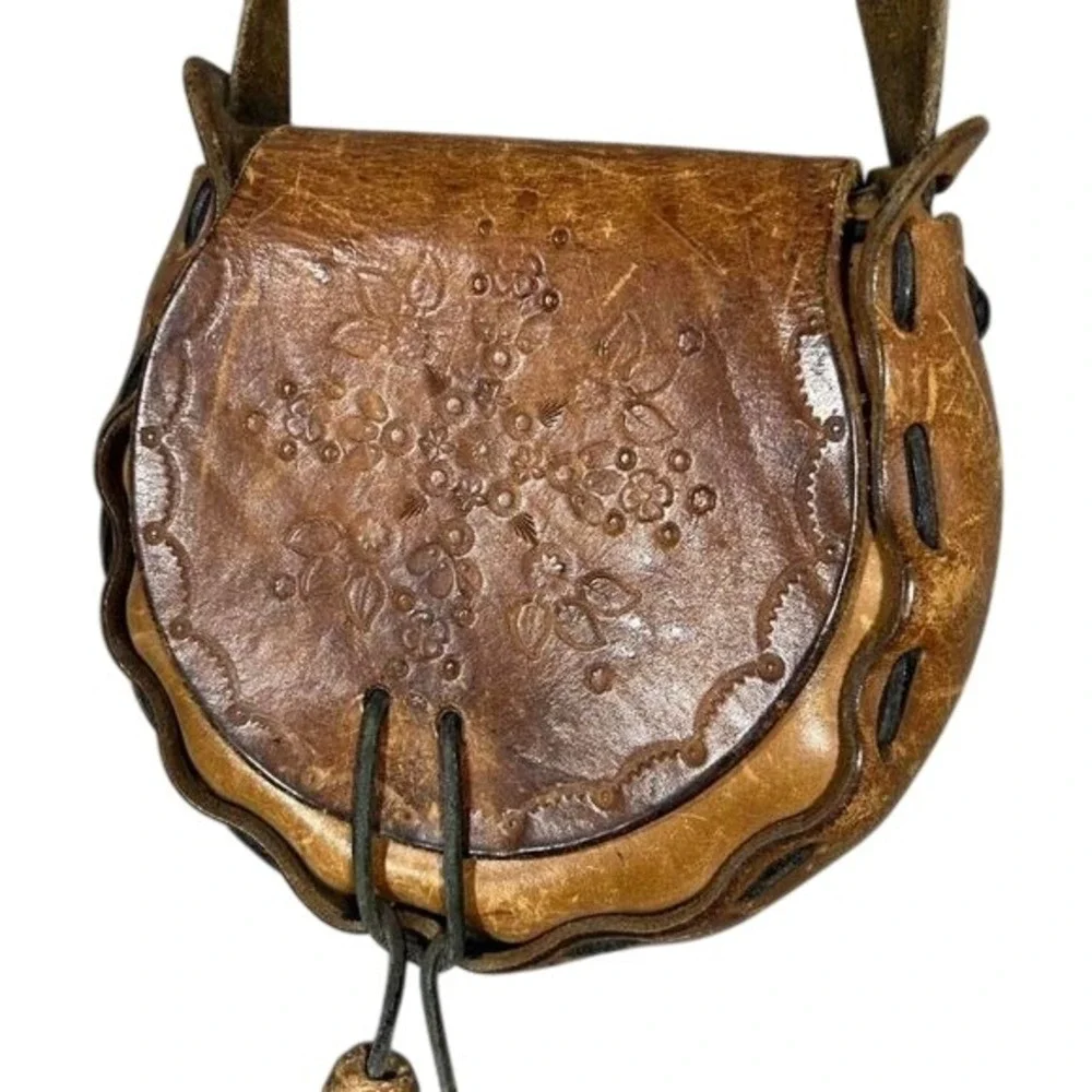 Vintage Handmade Tooled Leather Crossbody Bag Floral Boho Festival Western Purse